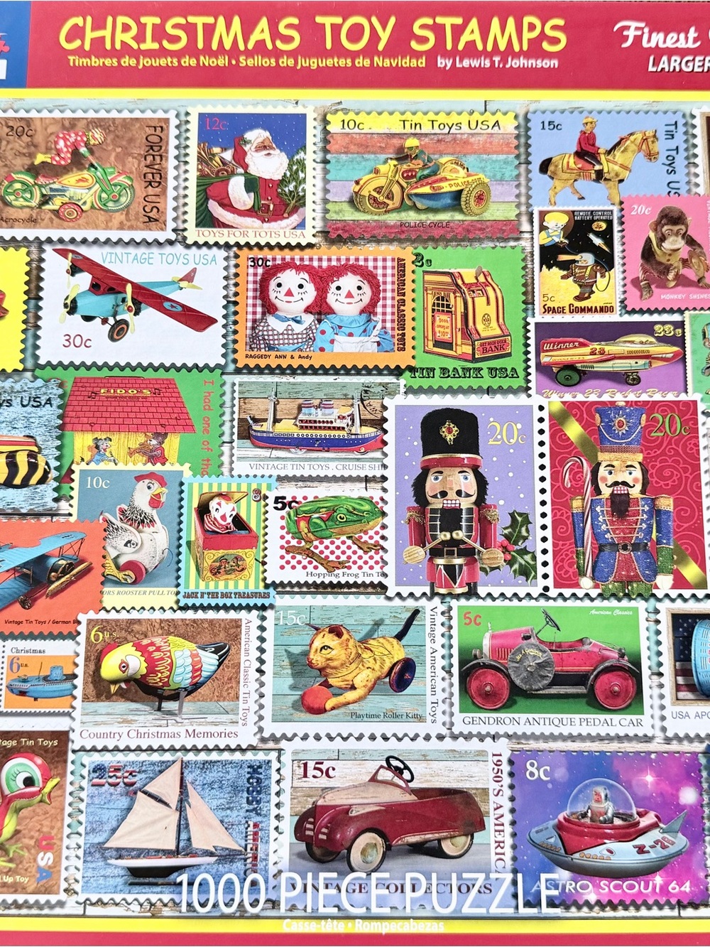 White Mountain Christmas Toy Stamps Puzzle - Red, Green, Blue, Yellow, Pink